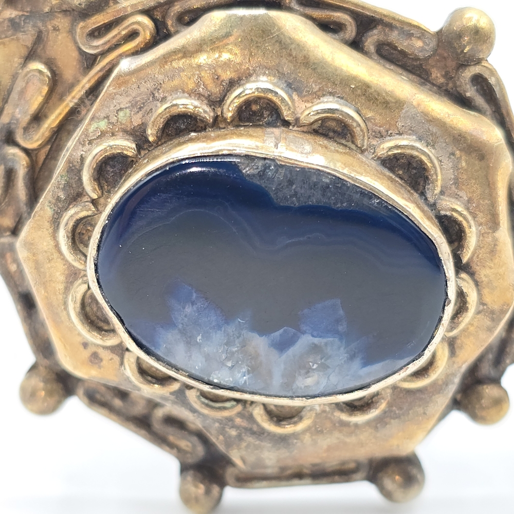VTG Brass Cuff Blue Stones Cabochons Modernist Artisan Statement Bracelet 75g - Picture 5 of 16